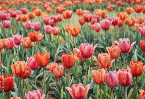 Elegant watercolor painting of a field of tulips, elegant, tulip, spring, pink, botanical