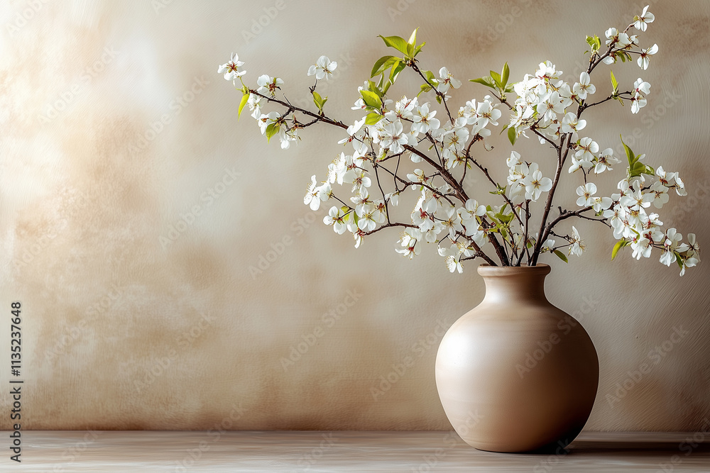 Blossom branch in clay vase near beige stucco wall background. Interior design of modern living room with space for text. Blossom branch in clay vase near beige stucco wall background. Interior design of modern living room with space for text.