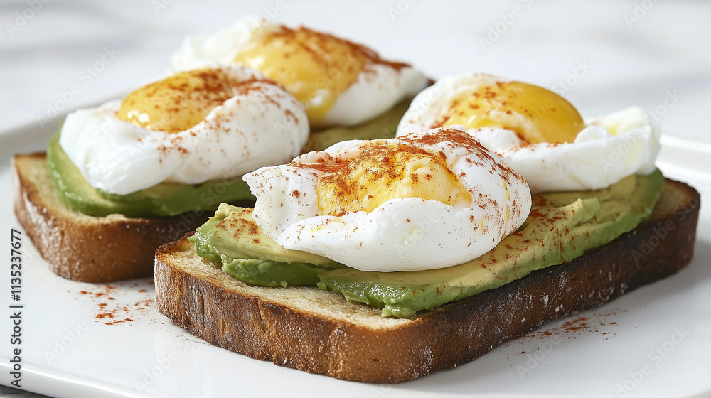 Classic avocado toast with poached eggs and a sprinkle of chili flakes. Classic avocado toast with poached eggs and a sprinkle of chili flakes.