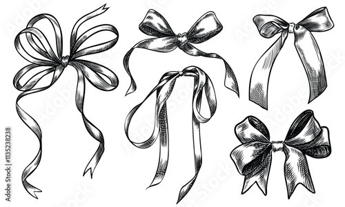 Bow sketch isolated on white background. Collection of decorative holiday ribbons for birthday, wedding or Christmas celebration.