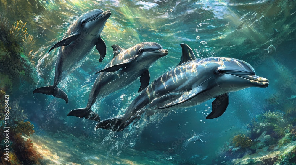 Obraz premium Vibrant action shot captures dolphins swimming in turquoise water