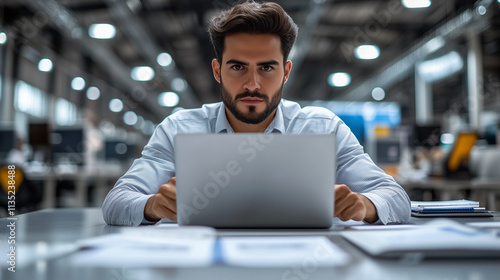 Young busy latin business man employee worker looking at laptop computer watching online webinar or having virtual hybrid meeting writing notes, doing market research working in office. Copy space.