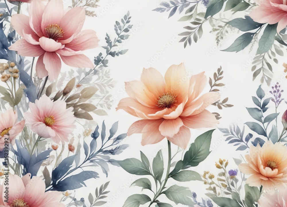 Fototapeta premium Ethereal watercolor flowers in an enchanting pattern against a white base, background, floral, pattern