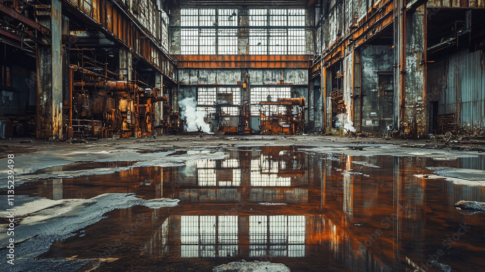 A dilapidated warehouse, its walls cracked and weathered, illuminated by flickering white flames that cast eerie reflections on the rusted machinery. A dilapidated warehouse, its walls cracked and weathered, illuminated by flickering white flames that cast eerie reflections on the rusted machinery.