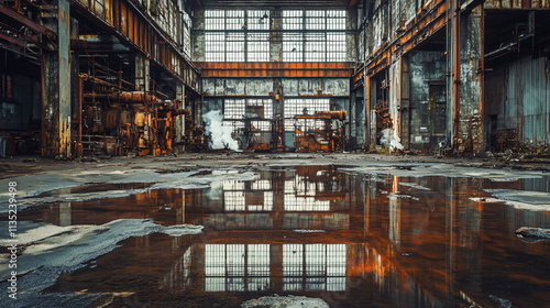 A dilapidated warehouse, its walls cracked and weathered, illuminated by flickering white flames that cast eerie reflections on the rusted machinery.