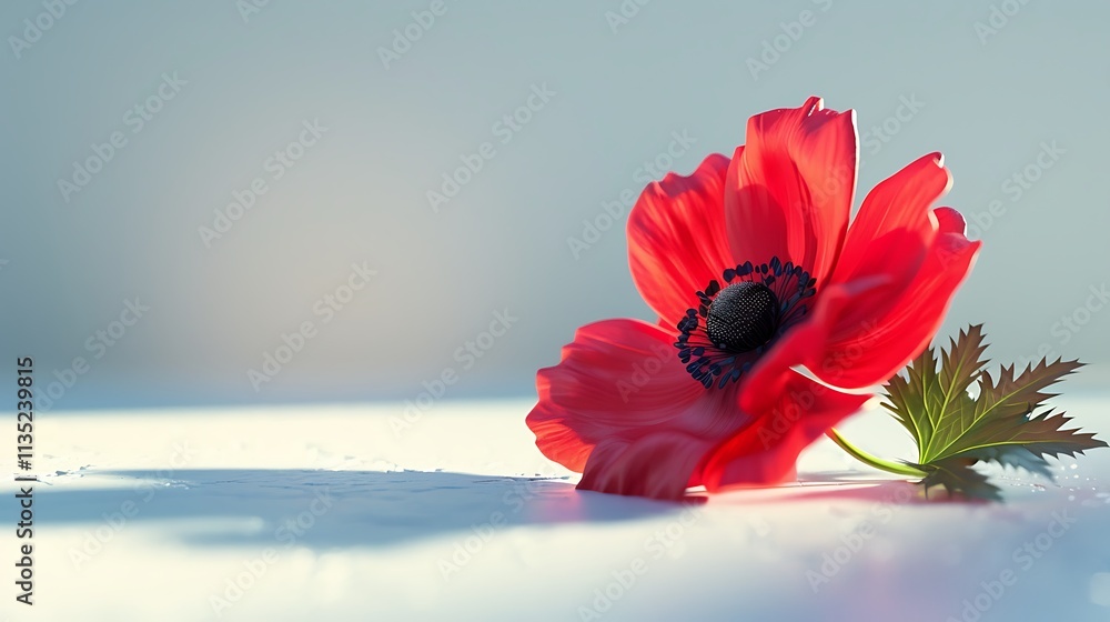 A bright red anemone flower on a clean white surface A bright red anemone flower on a clean white surface