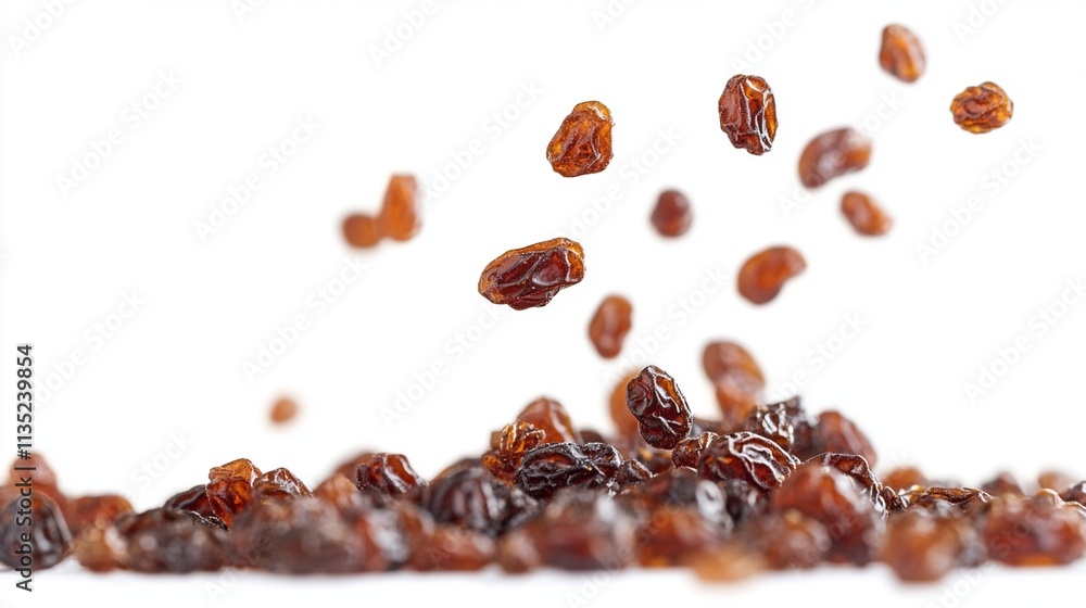 High-Resolution Image of a Falling Raisin Isolated on a White Background for Culinary and Health-Related Content High-Resolution Image of a Falling Raisin Isolated on a White Background for Culinary and Health-Related Content