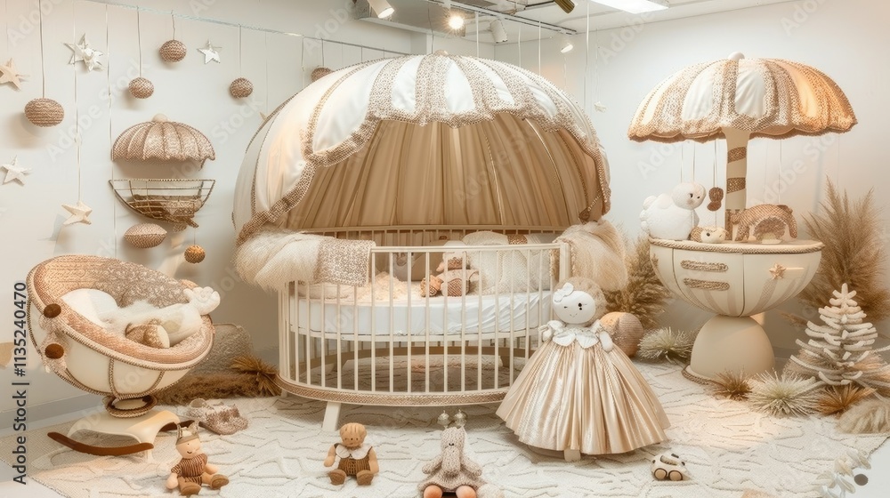 Obraz premium Elegant baby nursery with soft, neutral tones and decorative toys.