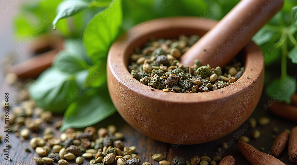 Various Aromatic Herbs and Spices with Mortar Various Aromatic Herbs and Spices with Mortar