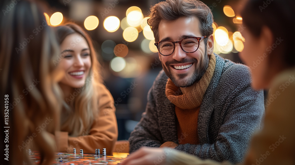 A group of friends playing board games around a table at night. A group of friends playing board games around a table at night.
