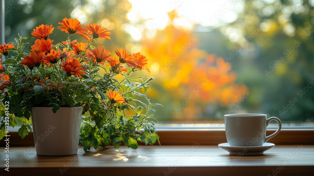 Cozy breakfast nook filled with morning sunlight, a cup of coffee, and flowers. Cozy breakfast nook filled with morning sunlight, a cup of coffee, and flowers.
