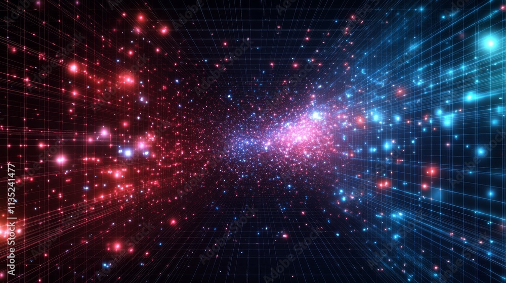 Digital explosion effect with blue and red particles forming a tunnel of light and motion, evoking space, energy, and cutting-edge digital design themes.. AI Generation Digital explosion effect with blue and red particles forming a tunnel of light and motion, evoking space, energy, and cutting-edge digital design themes.. AI Generation