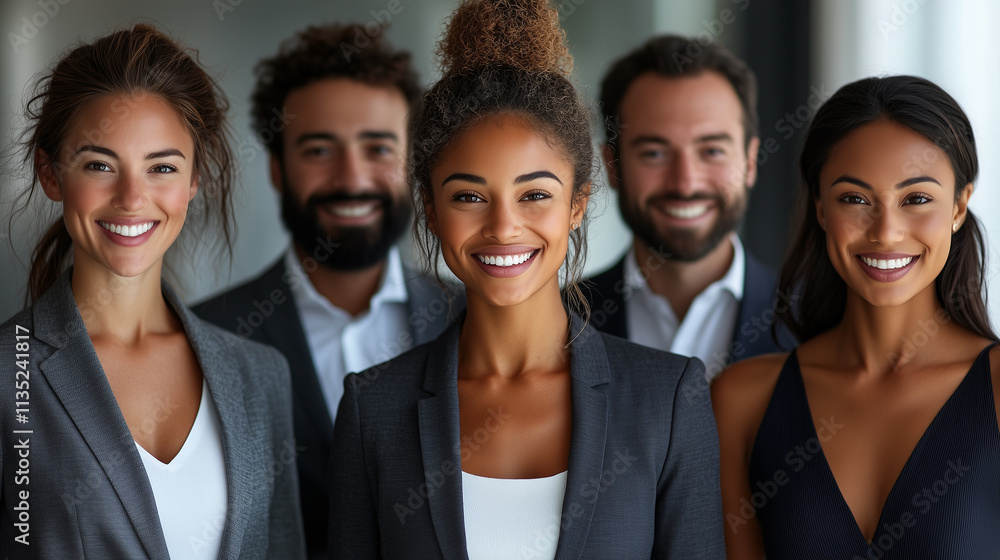 Dynamic business team portrait, confident smiles, in a bright, white-toned studio office environment. Dynamic business team portrait, confident smiles, in a bright, white-toned studio office environment.