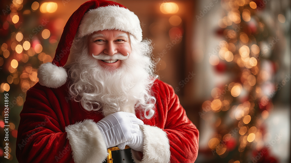 happy santa claus on defocused bokeh effect background with copy space. Christmas concept. happy santa claus on defocused bokeh effect background with copy space. Christmas concept.