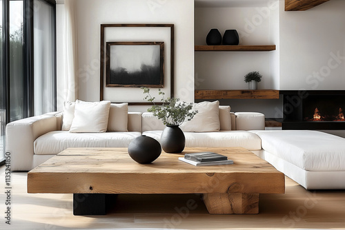 Minimalist interior design of modern living room. Rustic barn wood coffee table near corner sofa against wall with fireplace, frame and shelf.