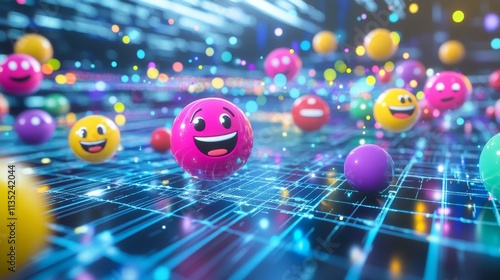 A dynamic World Emoji Day illustration with colorful emojis and digital gadgets against a digital matrix background, macro shot, Minimalist style photo