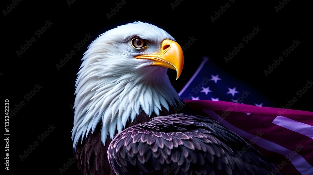 Obraz premium A graceful eagle with refined features and an American flag flies against bright lens flare.