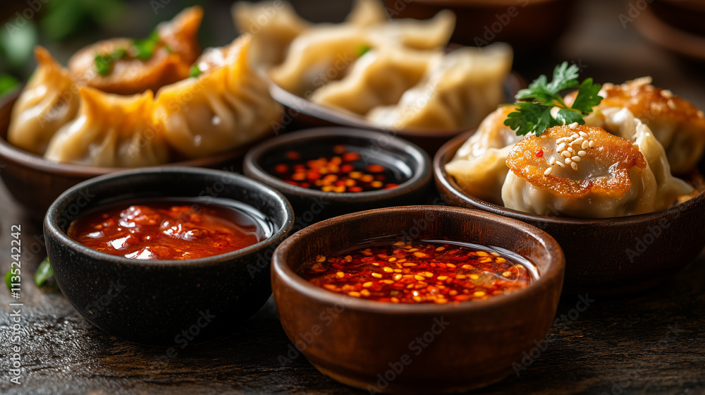 A selection of dumplings with soy sauce and chili oil in small bowls. A selection of dumplings with soy sauce and chili oil in small bowls.