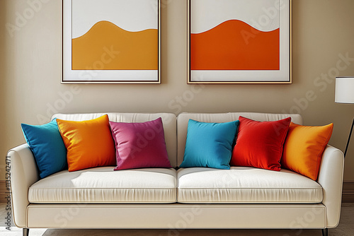 Beige sofa with vibrant colorful pillows near beige wall with two frames. Minimalist interior design of modern living room. photo