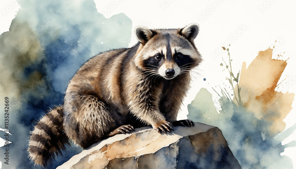 Obraz premium Watercolor Illustration of a Raccoon Sitting on a Rock