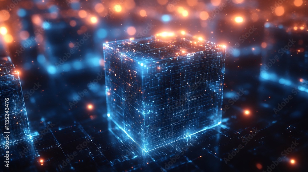 Floating data cubes connected diagonal lines translucent layers with glowing blue hues perfect for technology visual overlays Floating data cubes connected diagonal lines translucent layers with glowing blue hues perfect for technology visual overlays