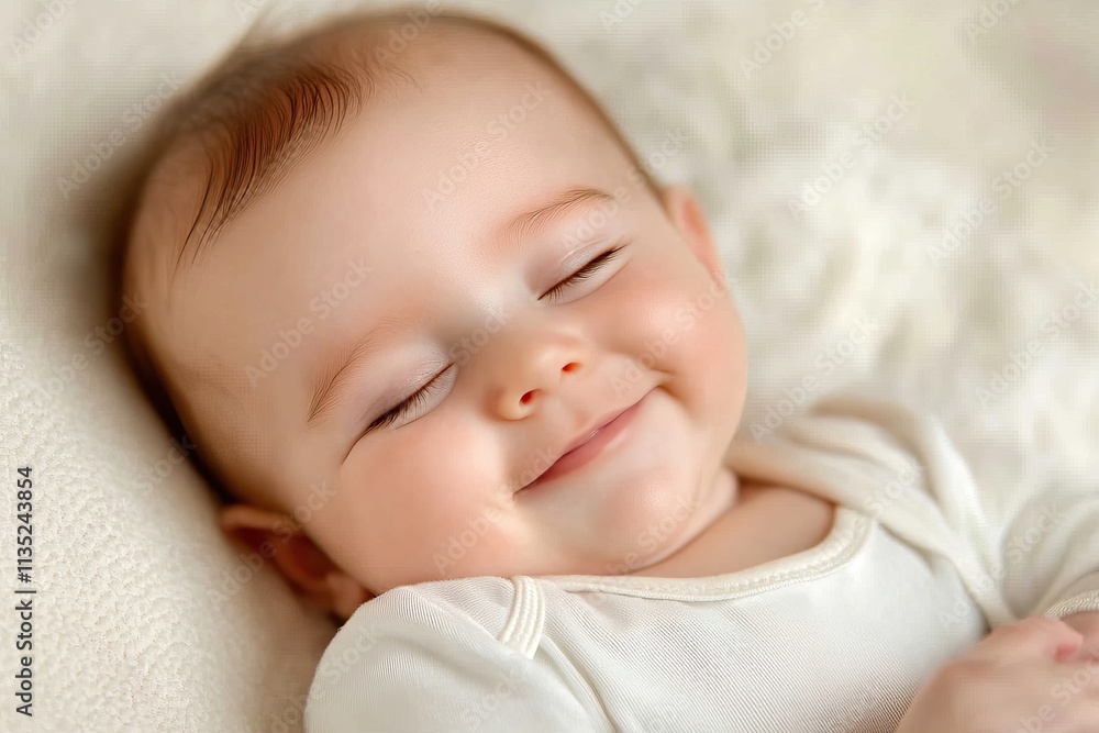 Smiling newborn baby lying on a pastel background, close-up with copy space. AI generated image Smiling newborn baby lying on a pastel background, close-up with copy space. AI generated image