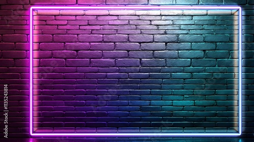 Neon Frame on Brick Wall, Pink and Blue Lighting