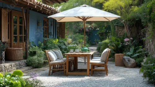 Serene outdoor patio setting with elegant wooden furniture and umbrella photo