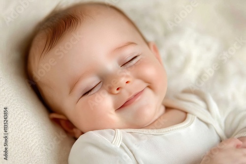 Smiling newborn baby lying on a pastel background, close-up with copy space. AI generated image