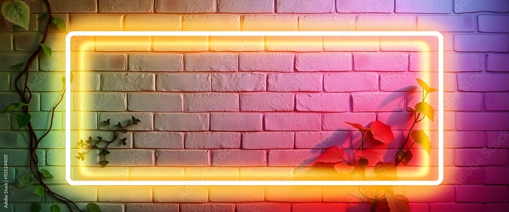 Neon Frame on Brick Wall with Greenery, Yellow and Pink Lighting Neon Frame on Brick Wall with Greenery, Yellow and Pink Lighting