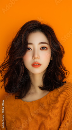 Korean beautiful girl taking photo with orange background and orange light