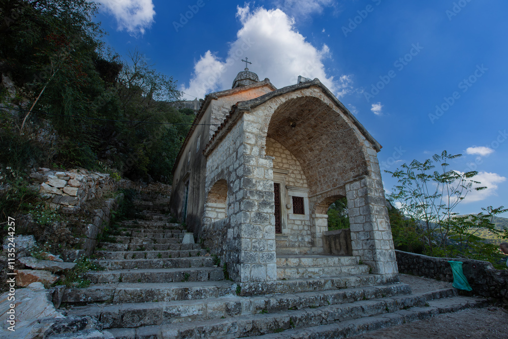 The Church of Our Lady of Remedy on the slope of St. John mountain above Old Town of Kotor, Montenegro.