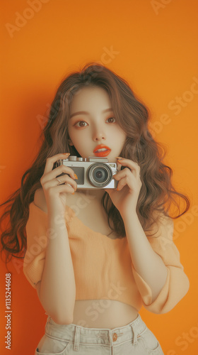 Korean beautiful girl taking photo with orange background and orange light