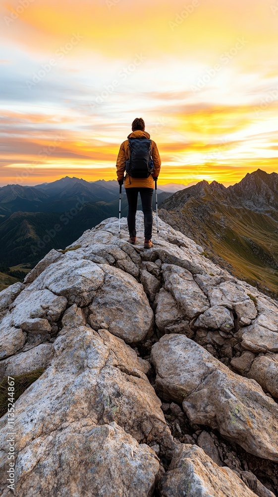 Fototapeta premium Realistic Vibrant Mountain Landscapes at Sunrise, glowing golden peaks with misty valleys under a clear sky