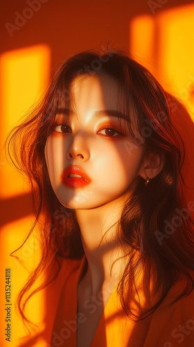 Korean beautiful girl taking photo with orange background and orange light