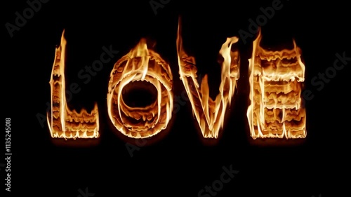 The image is a close up of the word LOVE written in flames. The flames are very close to the letters, making it look like they are burning. Scene is intense and dramatic