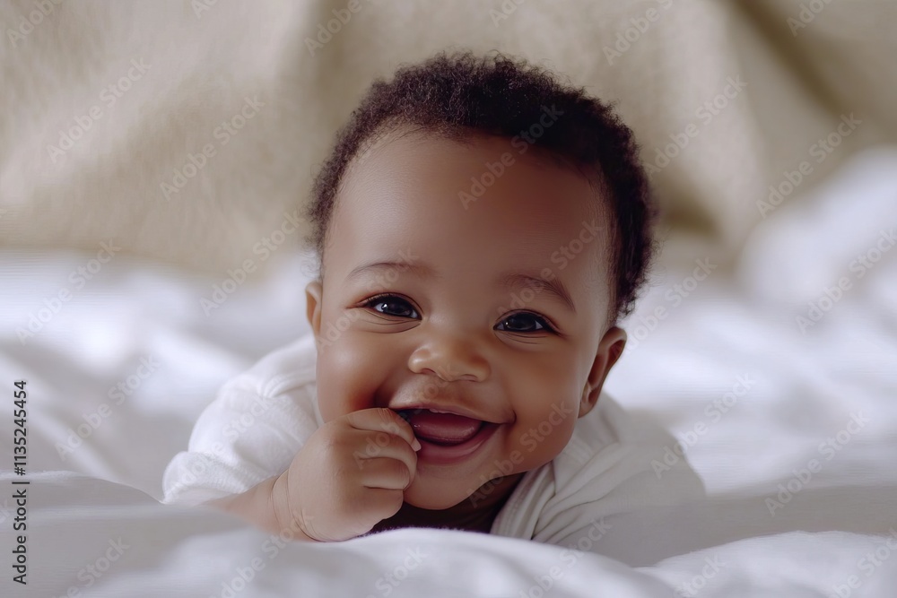 Smiling newborn baby lying on a pastel background, close-up with copy space. AI generated image Smiling newborn baby lying on a pastel background, close-up with copy space. AI generated image