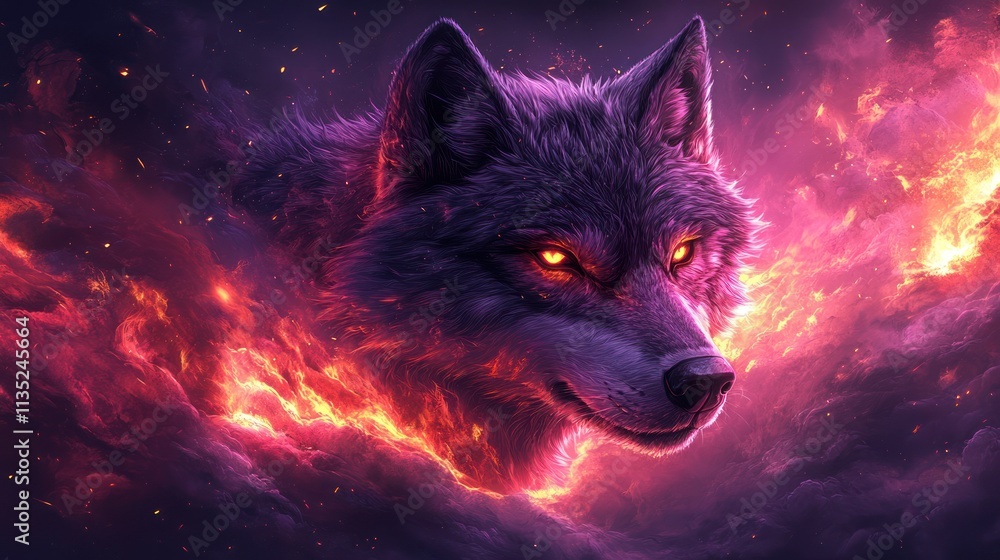 Fiery wolf head portrait engulfed in flames and nebula. Fiery wolf head portrait engulfed in flames and nebula.