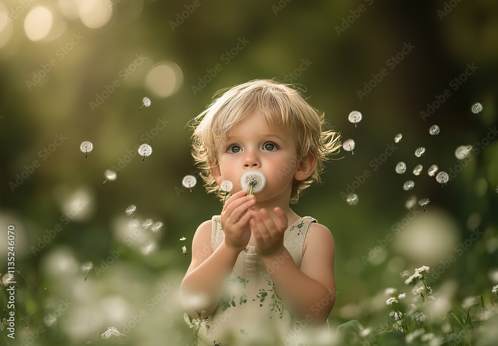 Little boy blowing dandelion seeds in a sunny spring garden. AI generated image Little boy blowing dandelion seeds in a sunny spring garden. AI generated image