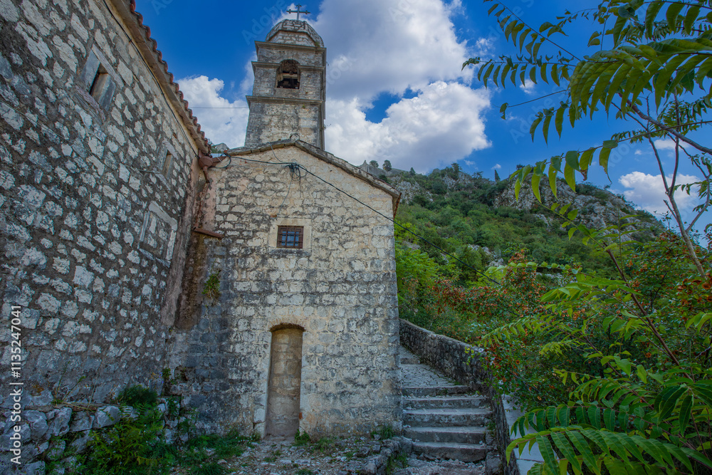 The Church of Our Lady of Remedy on the slope of St. John mountain above Old Town of Kotor, Montenegro.