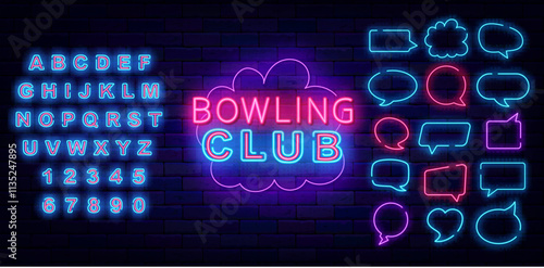 Bowling club neon label. Sport championship sign on brick wall. Shiny blue alphabet. Vector stock illustration