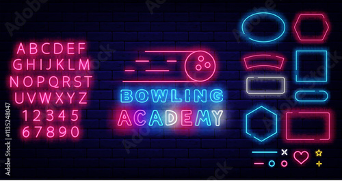 Bowling academy neon emblem. Geometric frames collection. Leisure sport. Vector stock illustration
