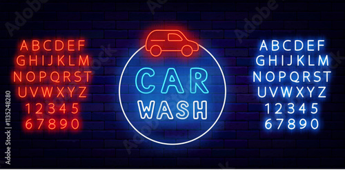 Car wash neon label with red car. Auto clean service. Glowing emblem on brick wall. Vector stock illustration