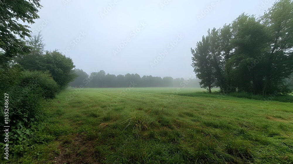 Serene morning mist enveloping two trees in a tranquil landscape Serene morning mist enveloping two trees in a tranquil landscape