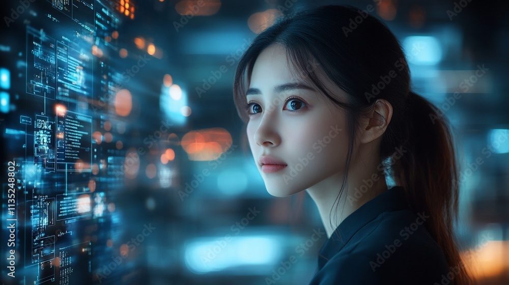 Woman viewing illuminated data display with soft focus background. Woman viewing illuminated data display with soft focus background.