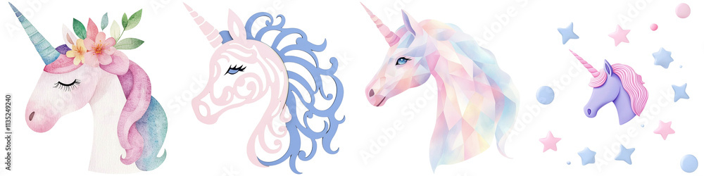 Obraz premium Unicorn magic and playful, Four whimsical unicorn heads in various styles, showcasing colorful manes and distinctive features.
