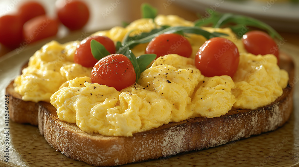 Fluffy scrambled eggs on toast with cherry tomatoes and arugula. Fluffy scrambled eggs on toast with cherry tomatoes and arugula.