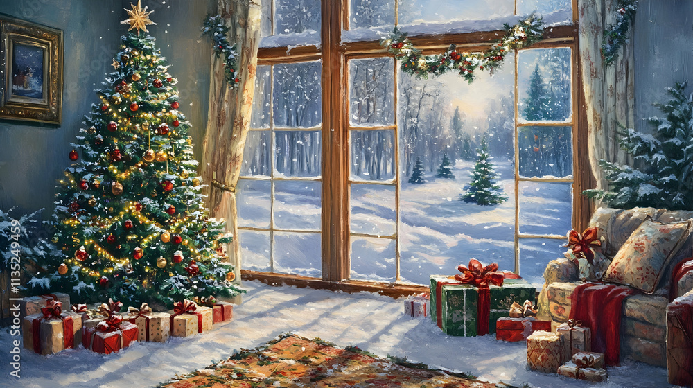 Cozy winter scene featuring a decorated Christmas tree and gifts by a snowy windowhigh quality image Cozy winter scene featuring a decorated Christmas tree and gifts by a snowy windowhigh quality image