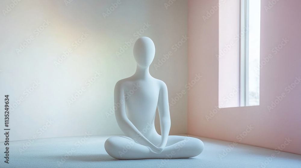 Minimalistic white sculpture meditates in a serene indoor space with soft natural light during daytime Minimalistic white sculpture meditates in a serene indoor space with soft natural light during daytime