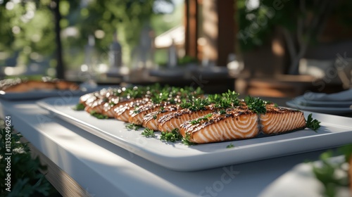 Grilled salmon fillets garnished with parsley on a white platter during a summer gathering photo